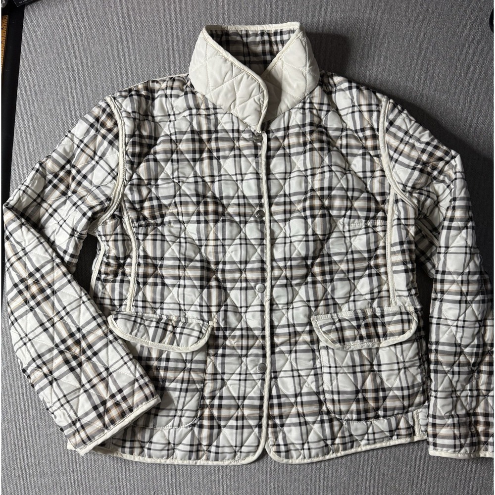 Jane Ashley Casual Lifestyle Reversible Quilted Jacket Sz L Plaid Tan/Black
